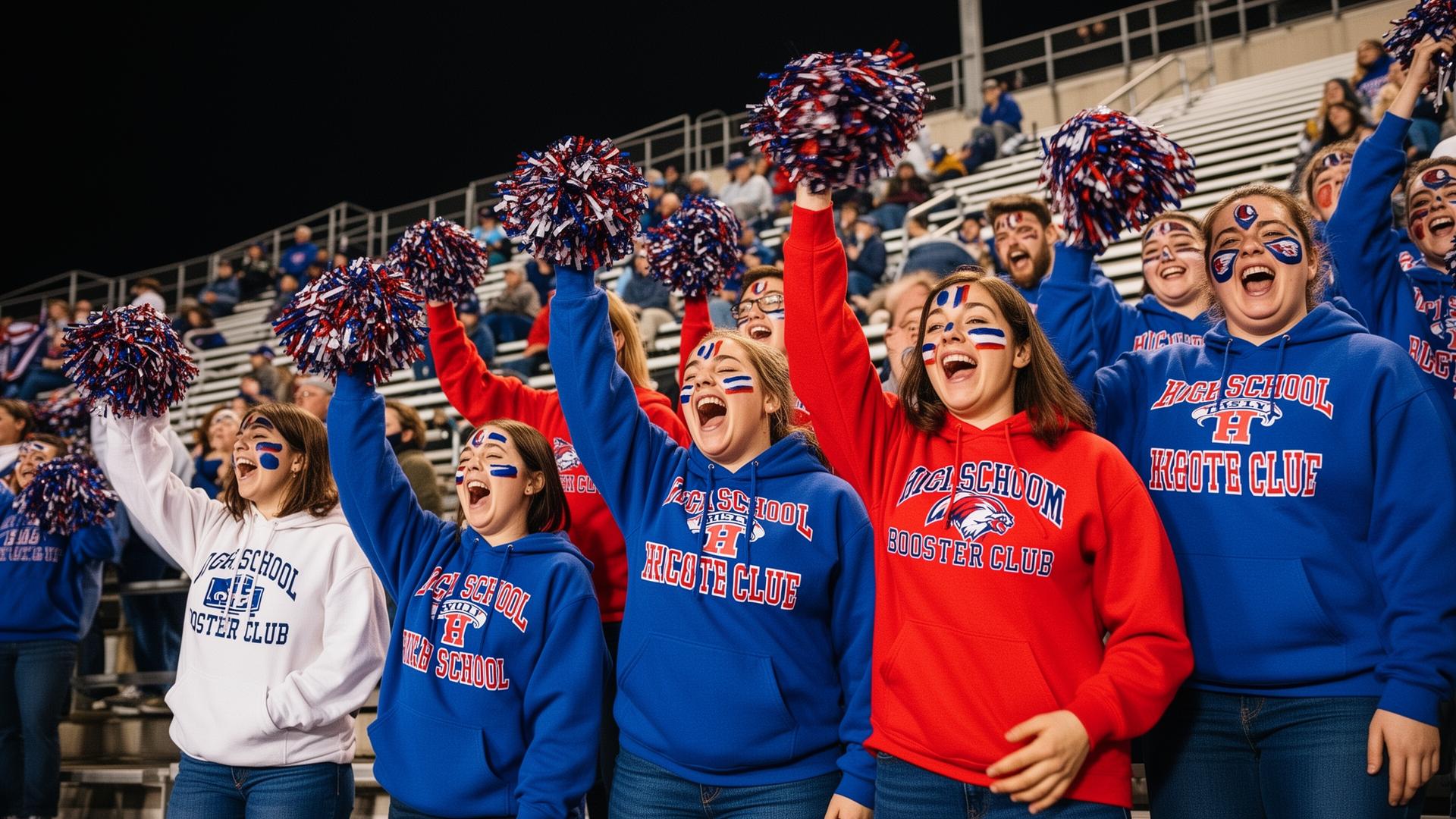 High school booster club fans cheering in custom hoodies