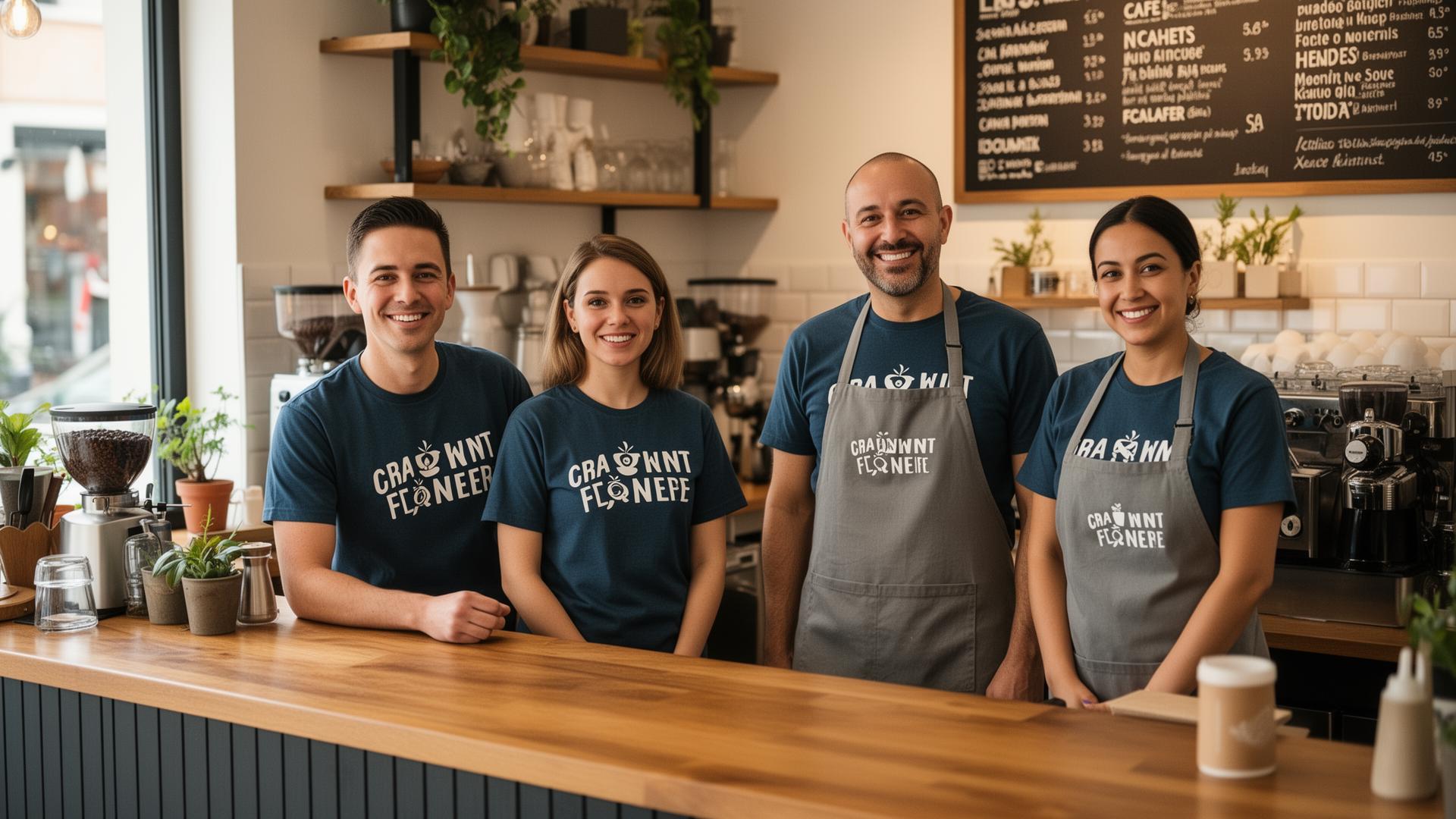 Cafe staff smiling in custom branded shirts and aprons