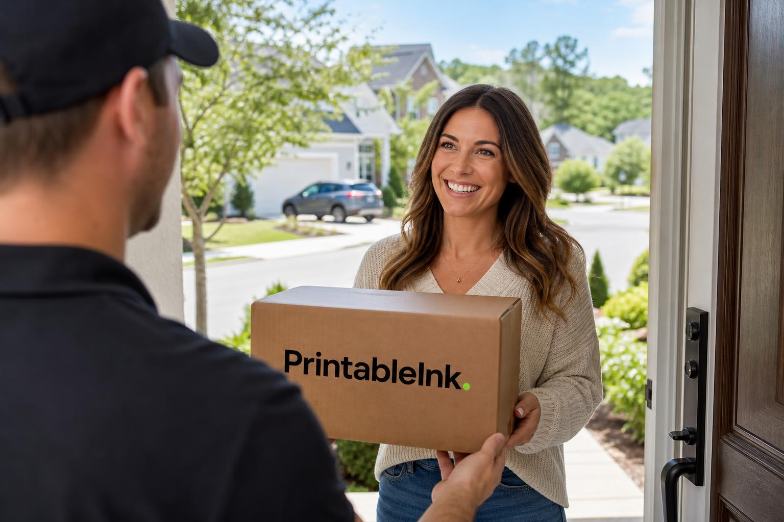 Customer receiving a PrintableInks delivery box at her front door