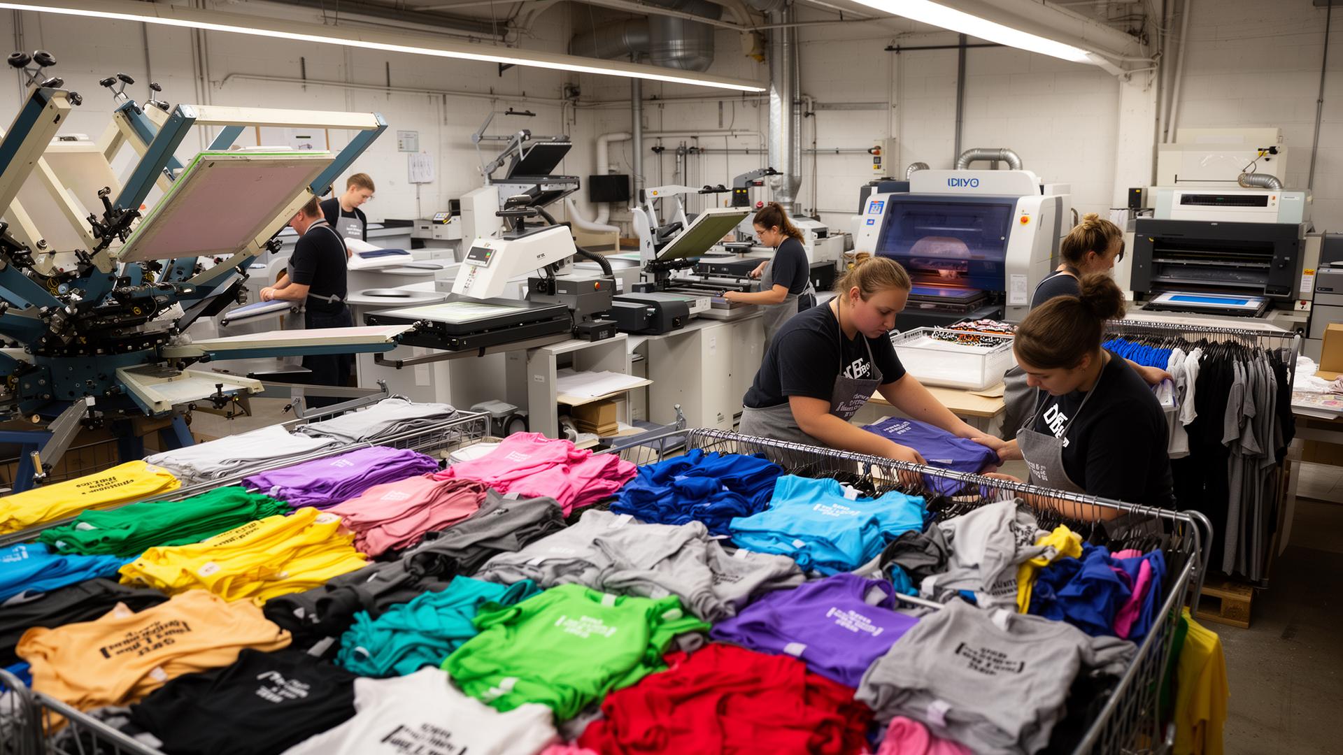 Print on demand production shop with screen printers