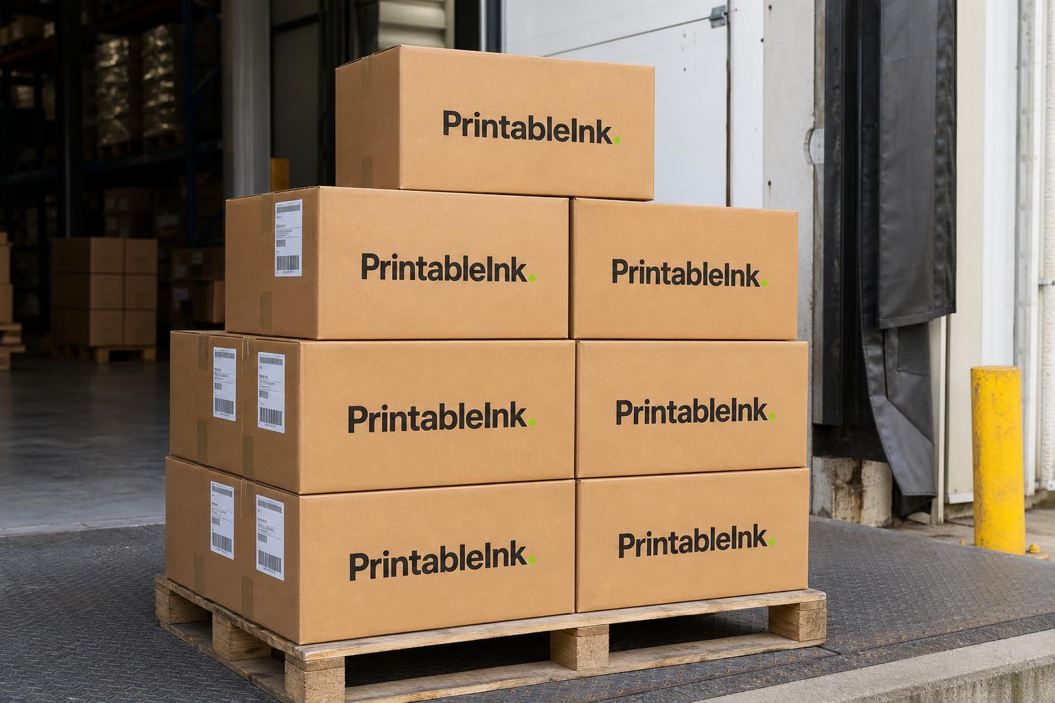 Stack of PrintableInks shipping boxes on a loading dock